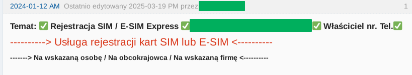 ogłoszenie o rejestracji kart SIM na forum przestępczym