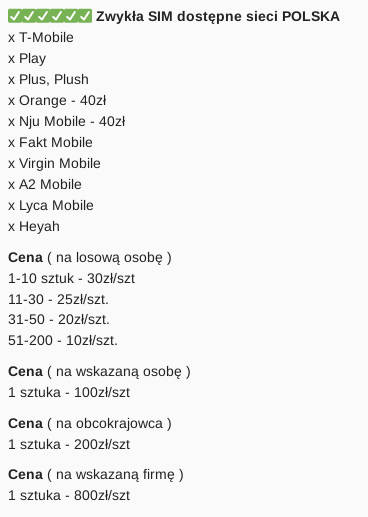 ogłoszenie o rejestracji kart SIM na forum przestępczym, cennik