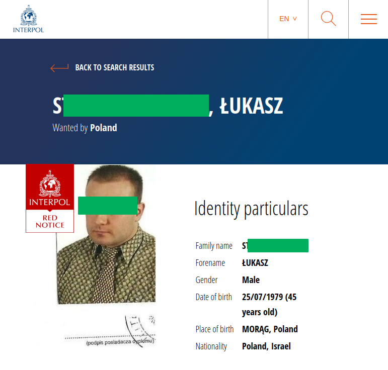 strona interpolu, poszukiwany czerwoną notą Łukasz S.