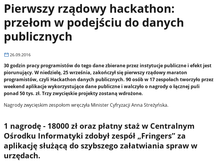 ogłoszenie dotyczące wyników konkursu weekendowego (hakaton), zwyciężył mObywatel